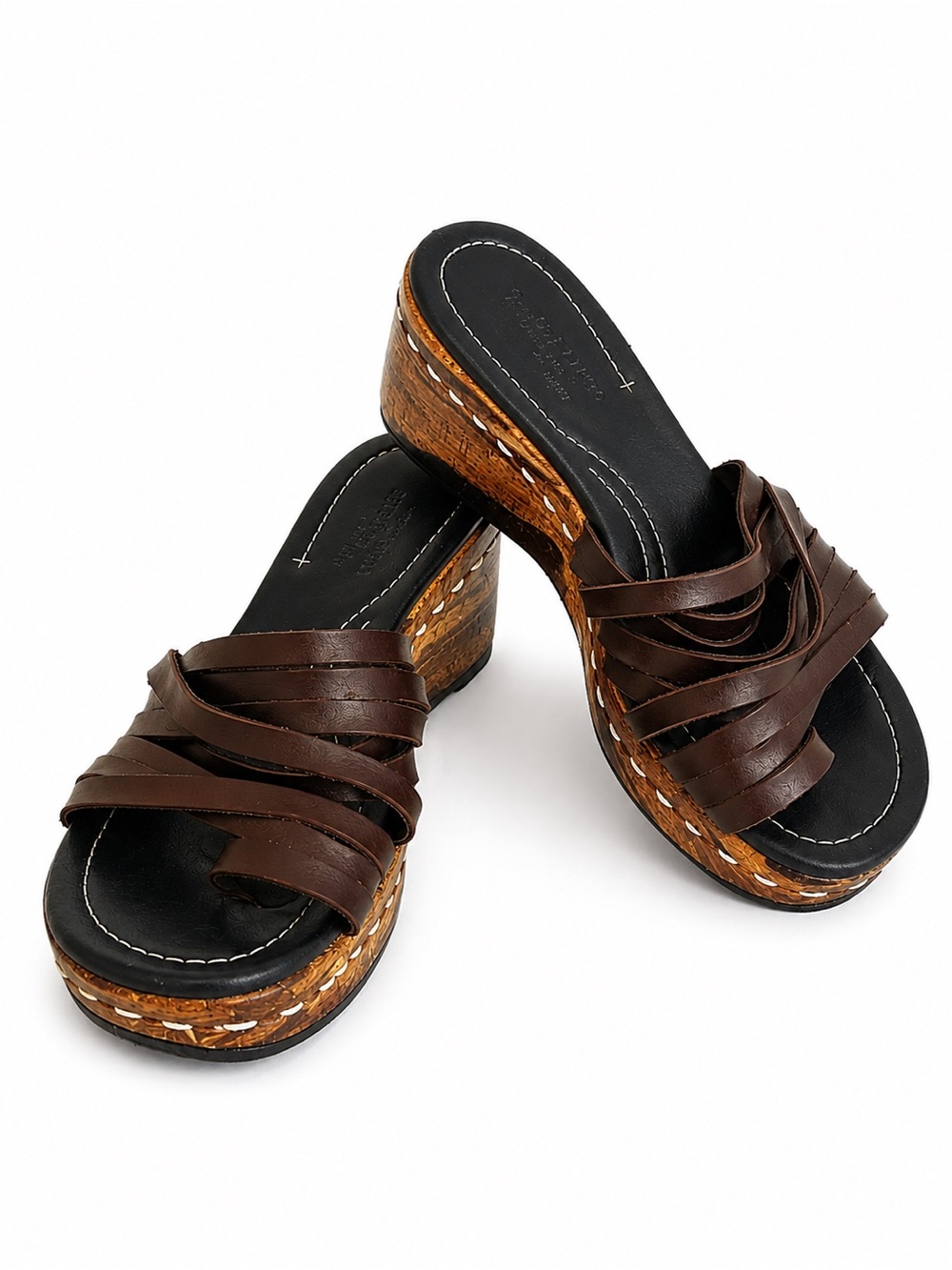 Donald J Pliner Brown Leather Platform Mule Sandals Cork Heel Slides Sz 7.5 - Picture 2 of 10